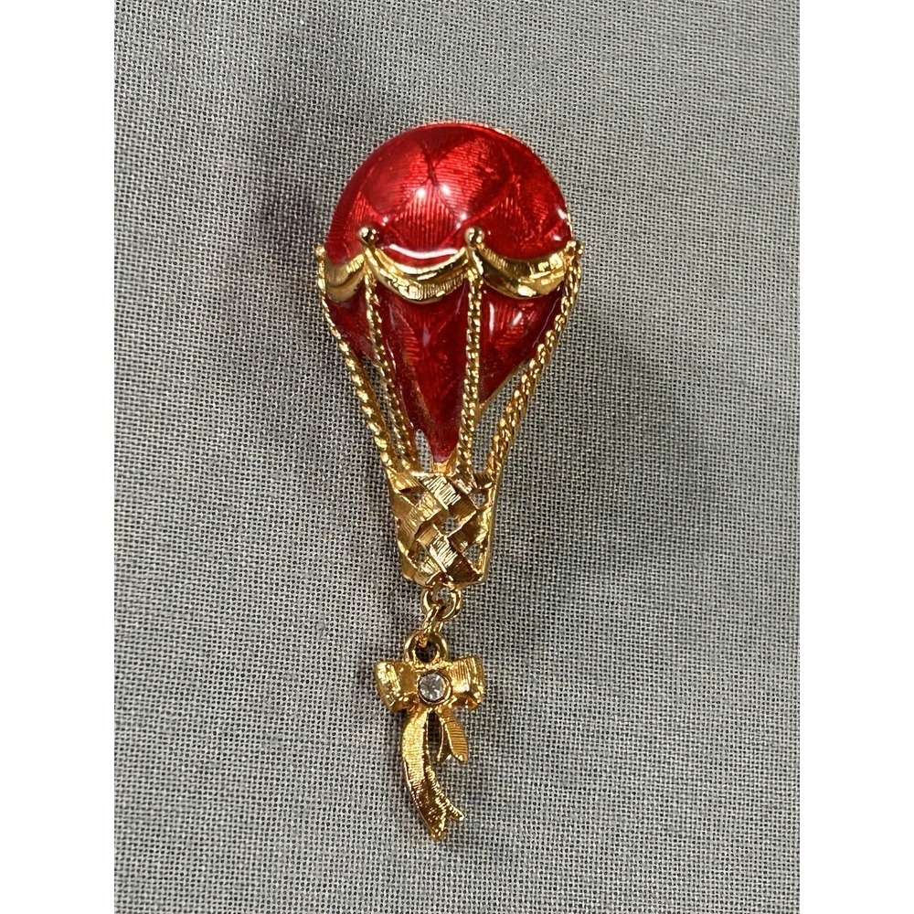 Vintage Avon Brooch / Pin Hot Air Balloon Gold Tone Red Enamel 2.25" Rhinestone
